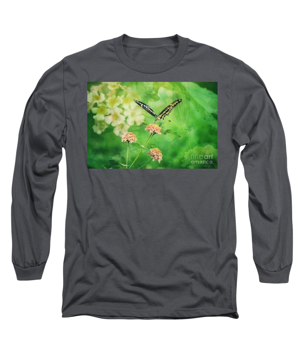 Butterfly Long Sleeve T-Shirt featuring the photograph Butterfly on Lantana Montage by Toma Caul