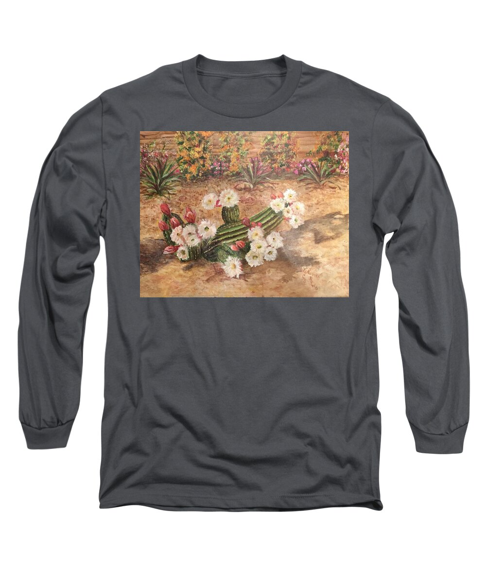 A Back Yard Cactus Growing Among The Flowers. Beige White Yellow Long Sleeve T-Shirt featuring the painting Cactus Garden by Charme Curtin