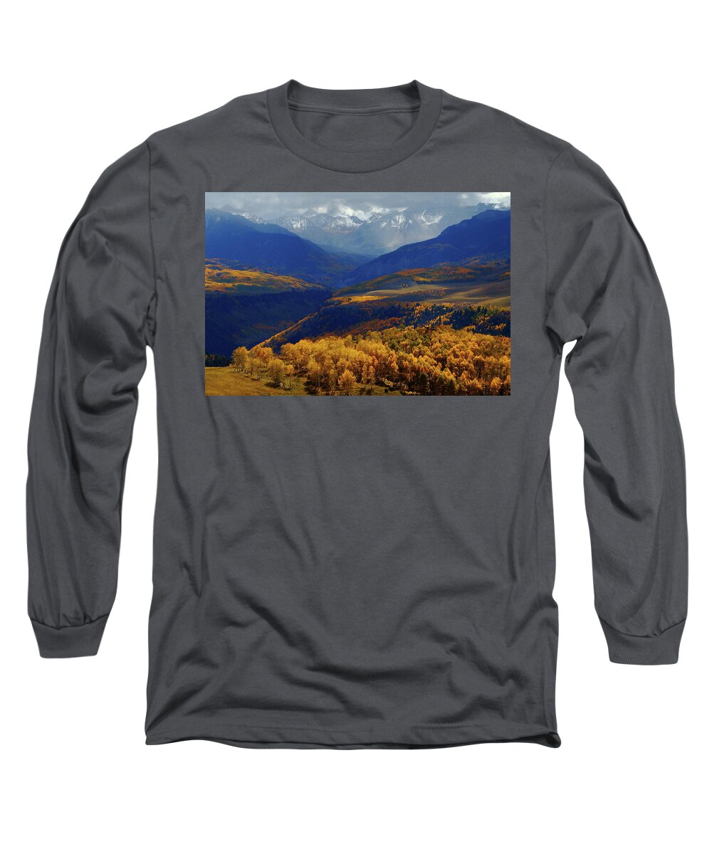 Last Long Sleeve T-Shirt featuring the photograph Canyon shadows and light from Last Dollar Road in Colorado during autumn by Jetson Nguyen