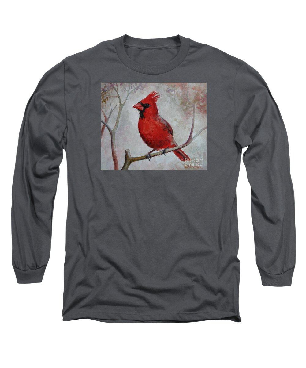 Bird Long Sleeve T-Shirt featuring the painting Cardinal by Elena Oleniuc