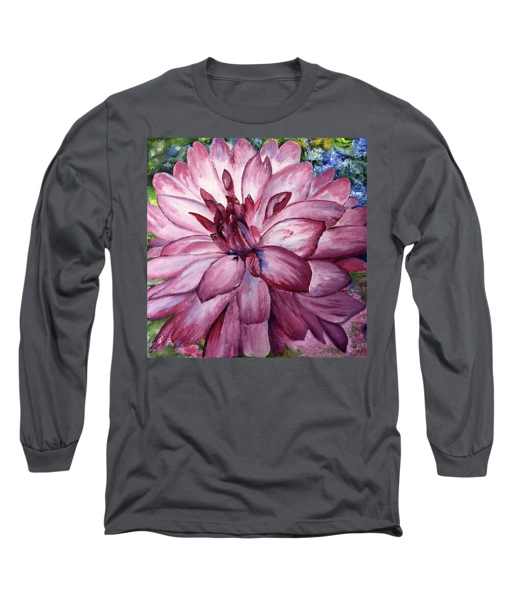 Floral Long Sleeve T-Shirt featuring the painting Carmine Dahlia by Terry R MacDonald