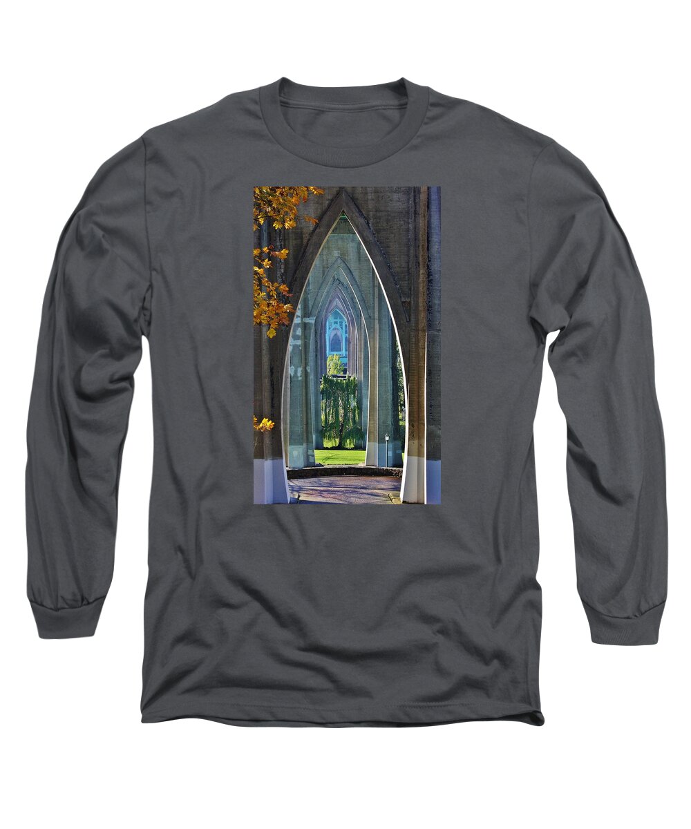 Bridge Long Sleeve T-Shirt featuring the photograph Cathedral Columns of the St. Johns Bridge by Bruce Bley