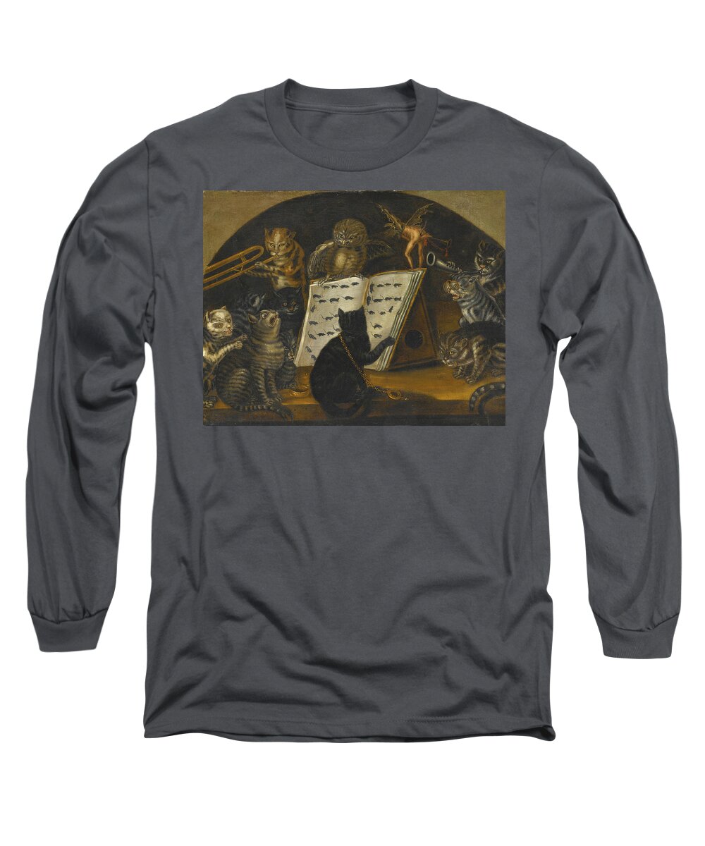 Lombard School Long Sleeve T-Shirt featuring the painting Cats being instructed in the Art of Mouse-Catching by an Owl by Lombard School