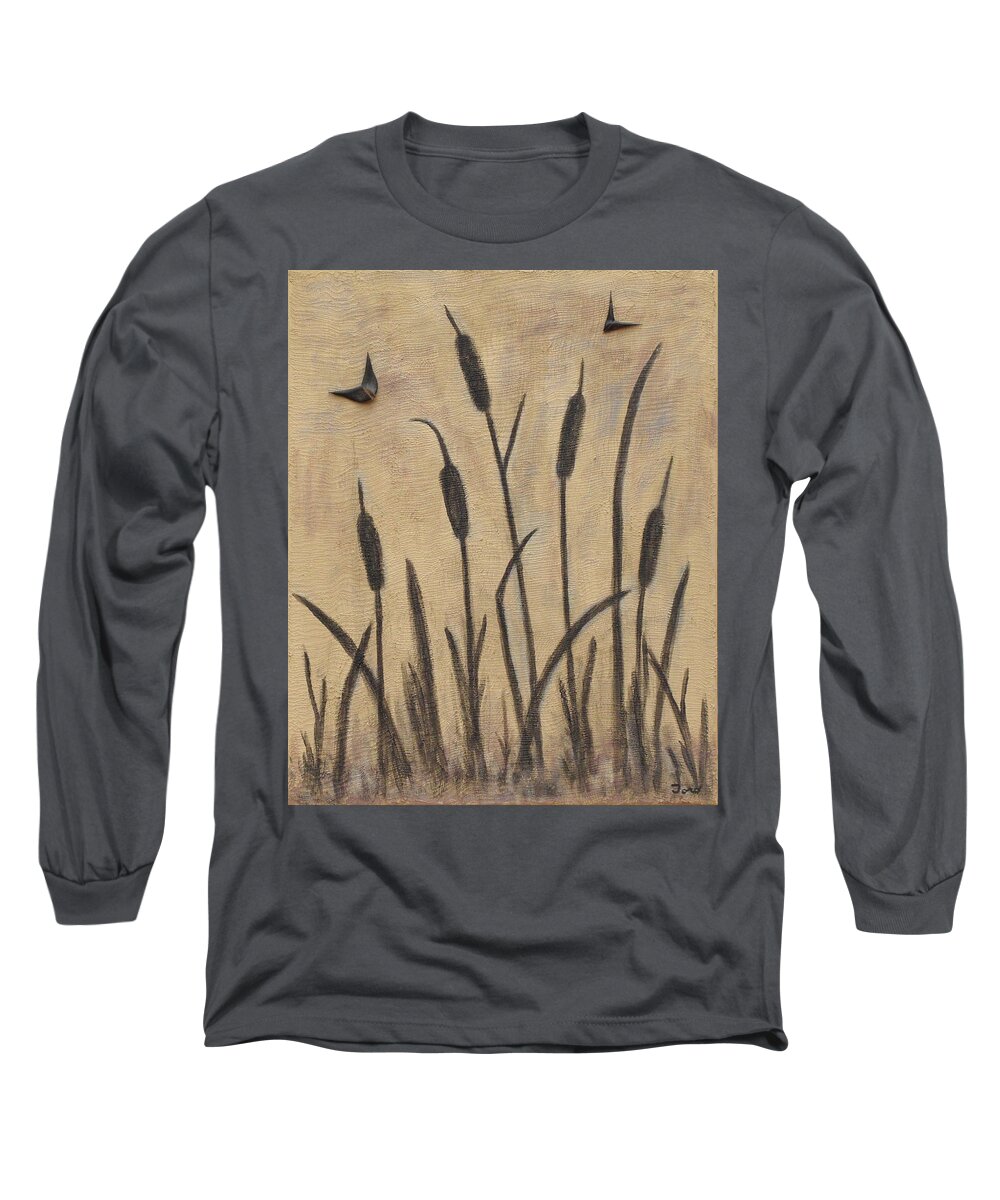 Landscape Long Sleeve T-Shirt featuring the painting Cattails 2 by Trish Toro