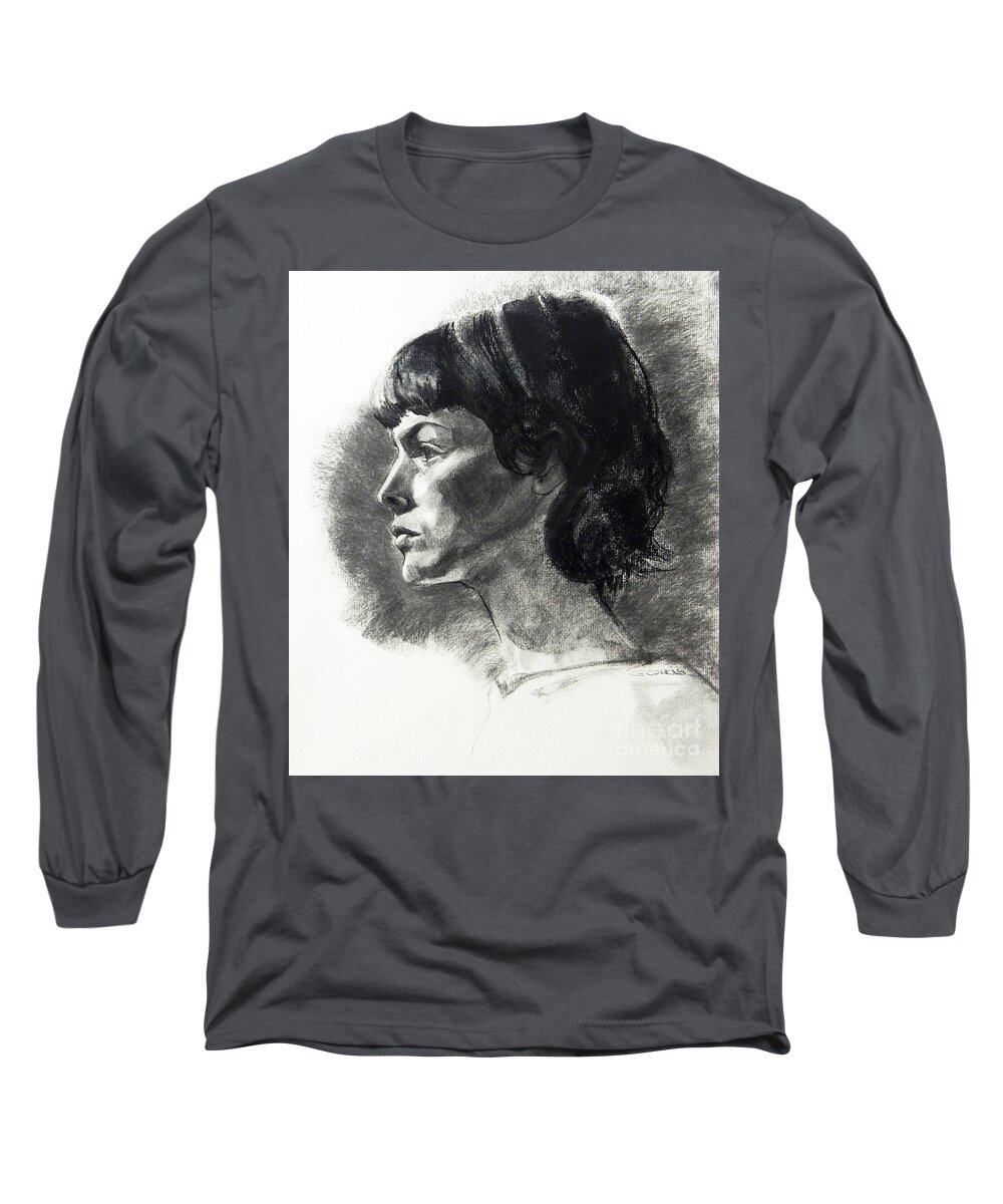 Greta Corens Long Sleeve T-Shirt featuring the drawing Charcoal Portrait of a Pensive Young Woman in Profile by Greta Corens