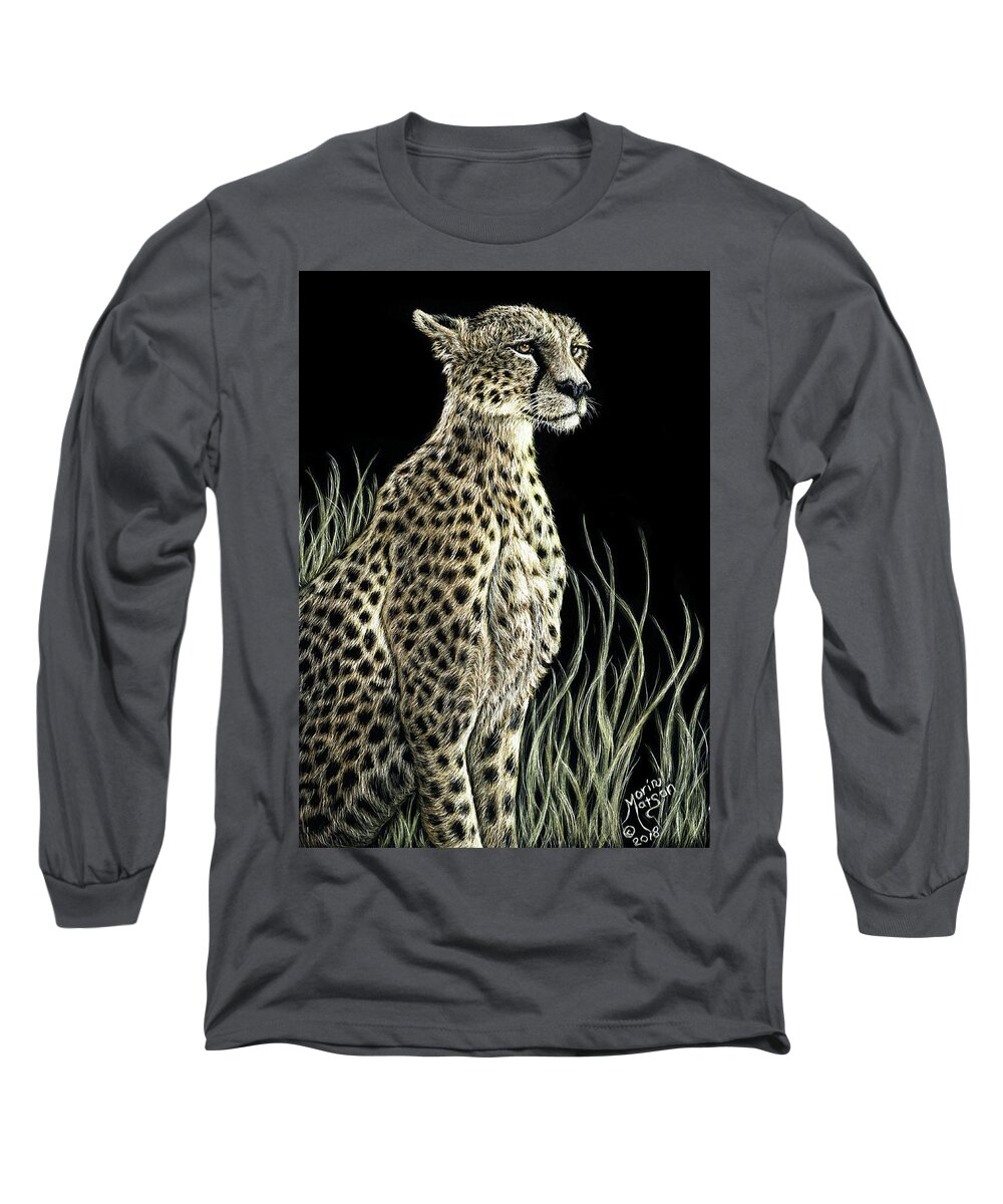 Cheetah Long Sleeve T-Shirt featuring the drawing Cheetah by Monique Morin Matson