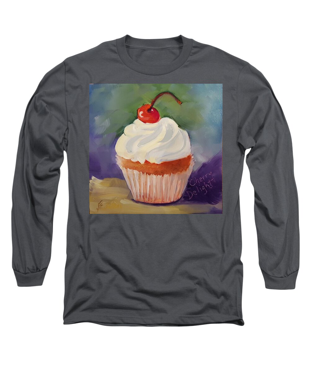 Cherry Delight Cupcake Long Sleeve T-Shirt featuring the painting Cherry Delight Cupcake by Judy Fischer Walton
