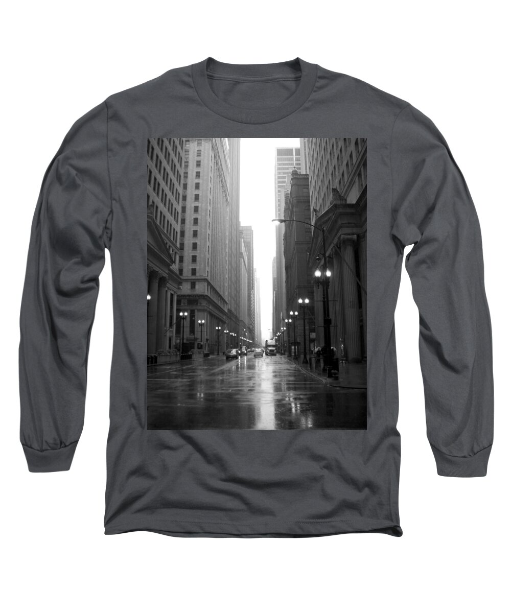Chicago Long Sleeve T-Shirt featuring the photograph Chicago in the rain 2 b-w by Anita Burgermeister