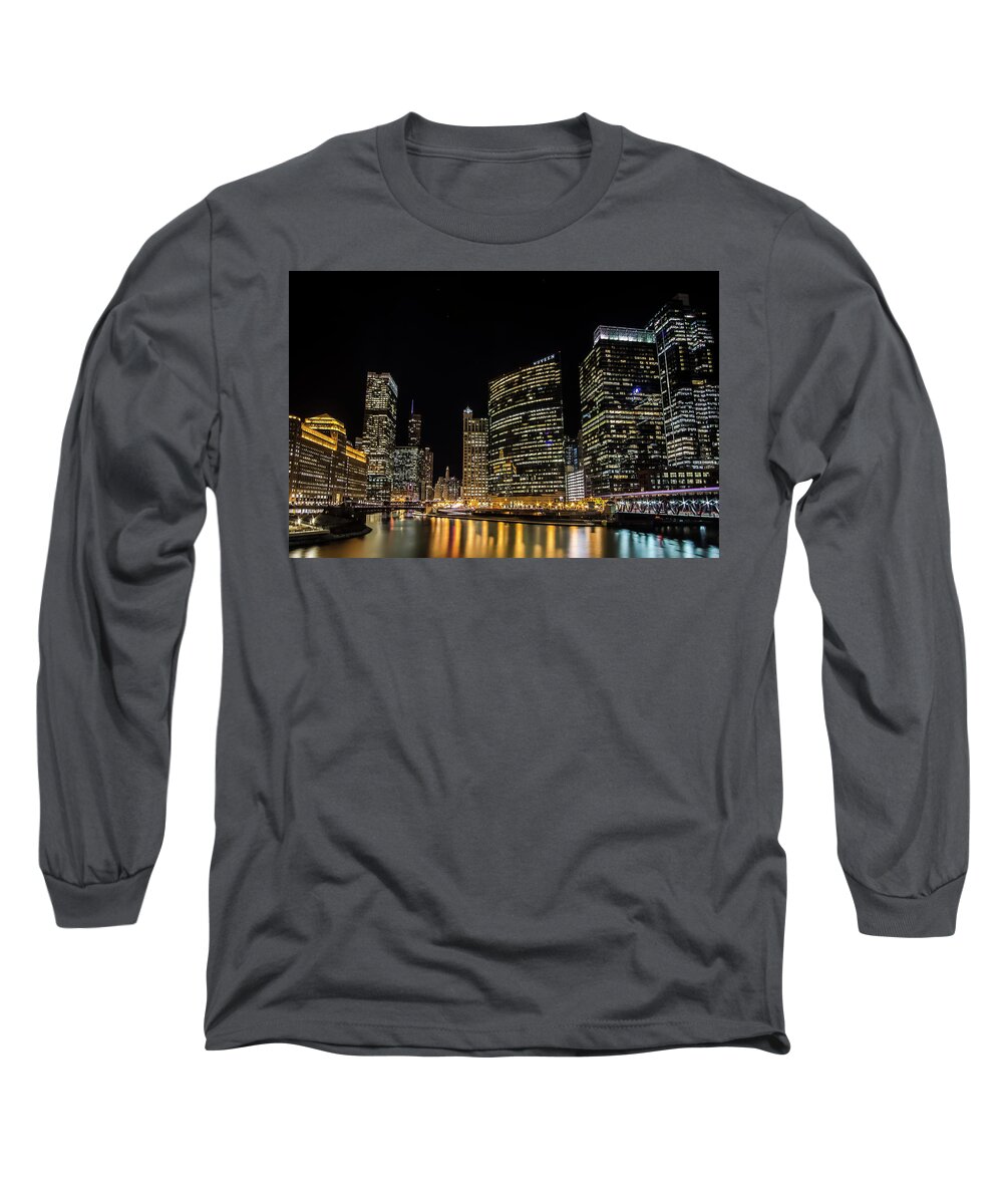 Chicago Skyline Long Sleeve T-Shirt featuring the photograph Chicago night skyline from wolf point by Sven Brogren