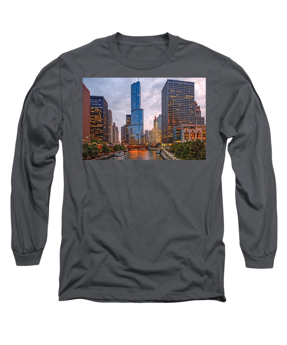 City Long Sleeve T-Shirt featuring the photograph Chicago Riverwalk Equitable Wrigley Building and Trump International Tower and Hotel at Sunset by Silvio Ligutti