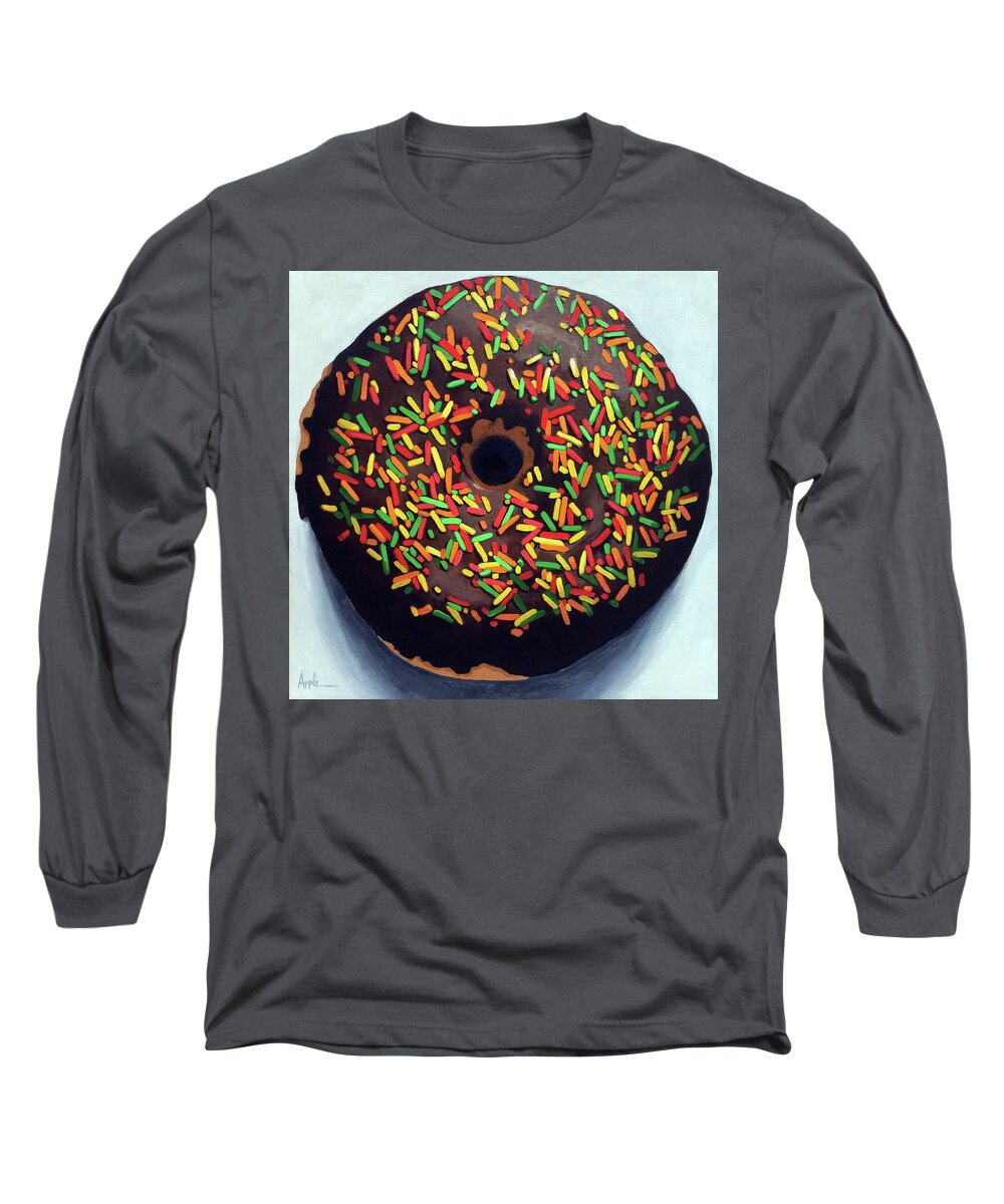 Food Art Long Sleeve T-Shirt featuring the painting Chocolate Donut and Sprinkles oil painting by Linda Apple