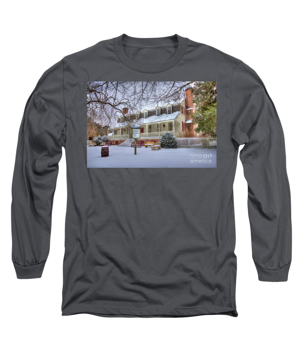 Christina Campbell Tavern Colonial Williamsburg Virginia Winter Snow Fence Trees Morning Long Sleeve T-Shirt featuring the photograph Christina Campbell Tavern Colonial Williamsburg by Karen Jorstad