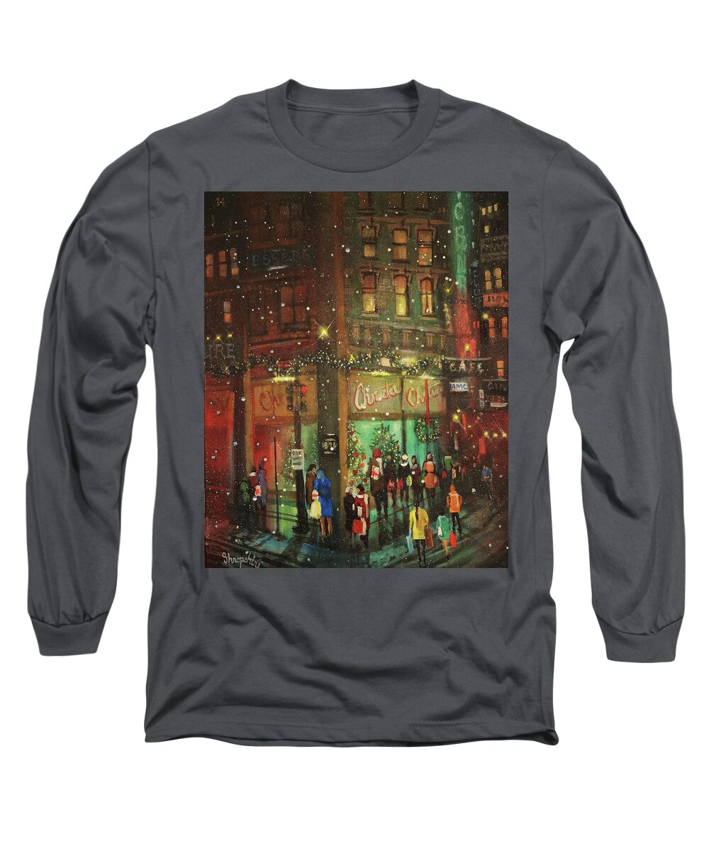 Old Chicago Long Sleeve T-Shirt featuring the painting Christmas Shopping by Tom Shropshire