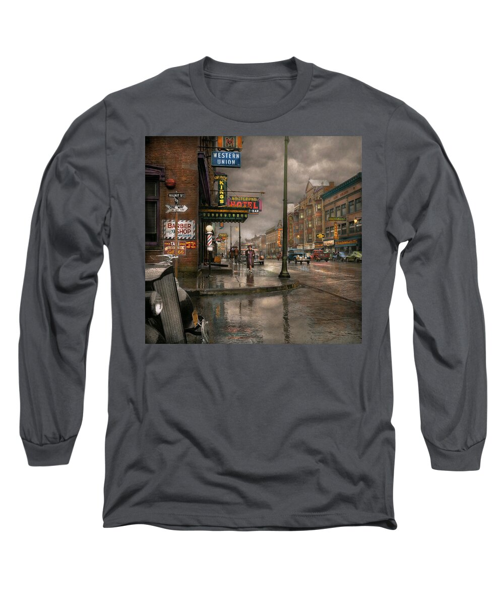 Colorized Long Sleeve T-Shirt featuring the photograph City - Amsterdam NY - Call 666 for Taxi 1941 by Mike Savad