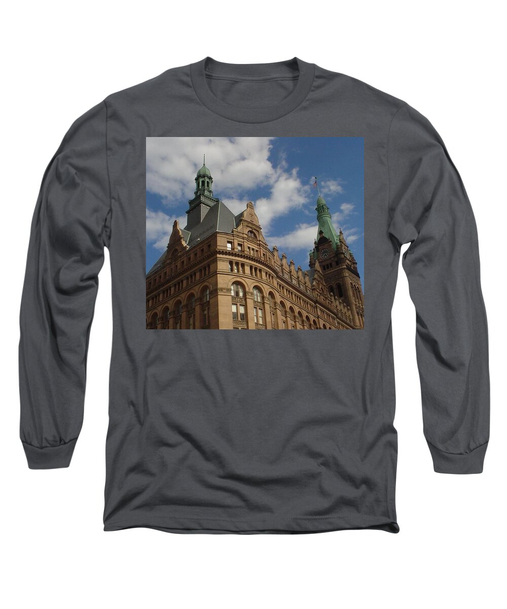 Milwaukee Long Sleeve T-Shirt featuring the photograph City Hall roof and tower by Anita Burgermeister
