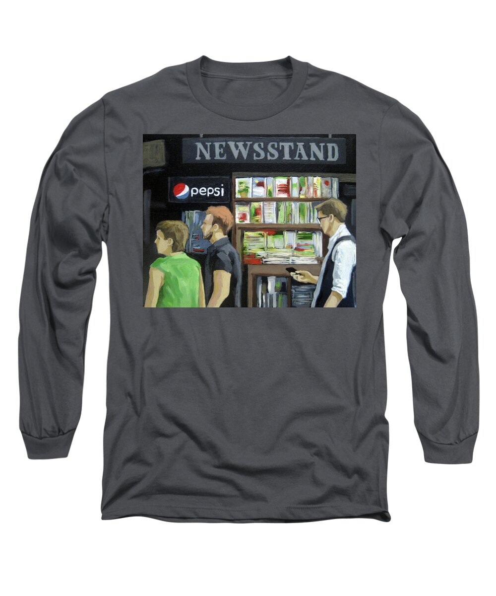 People On Street Long Sleeve T-Shirt featuring the painting City Newsstand - people on the street painting by Linda Apple