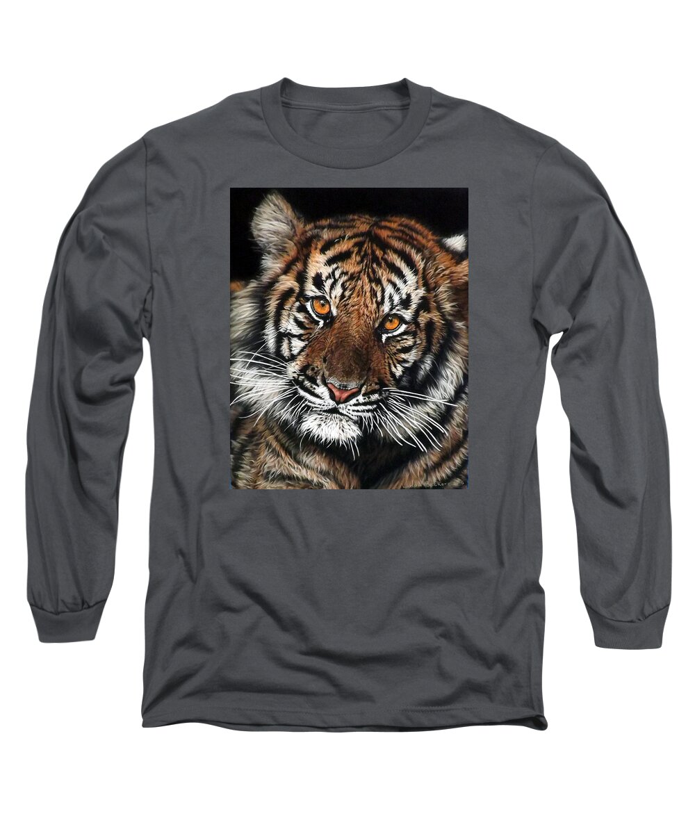 Tiger Long Sleeve T-Shirt featuring the painting CJ by Linda Becker