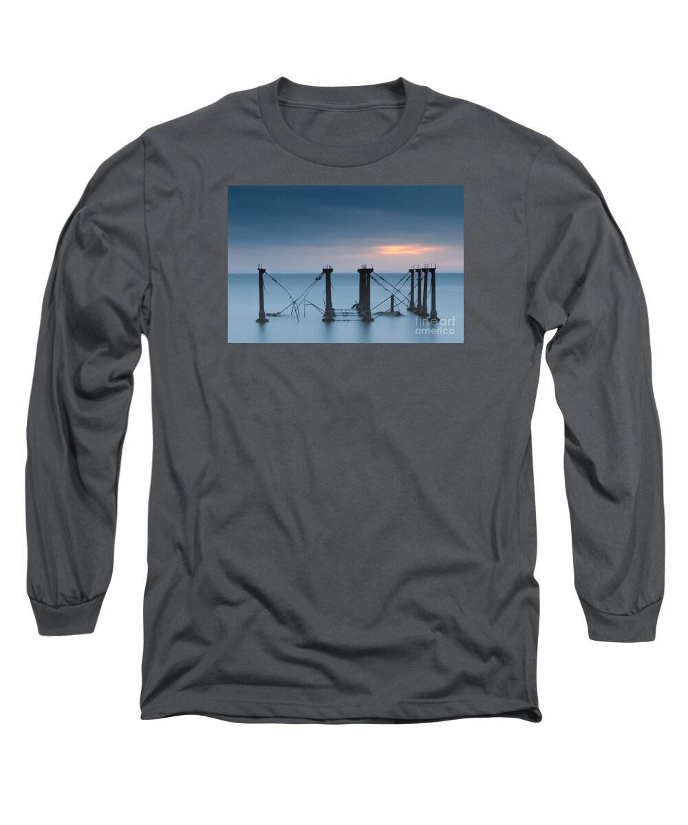 Remnants Long Sleeve T-Shirt featuring the photograph Cloudy Sunrise at Port Mahon Lighthouse Ruins Coastal Landscape Photo by PIPA Fine Art - Simply Solid
