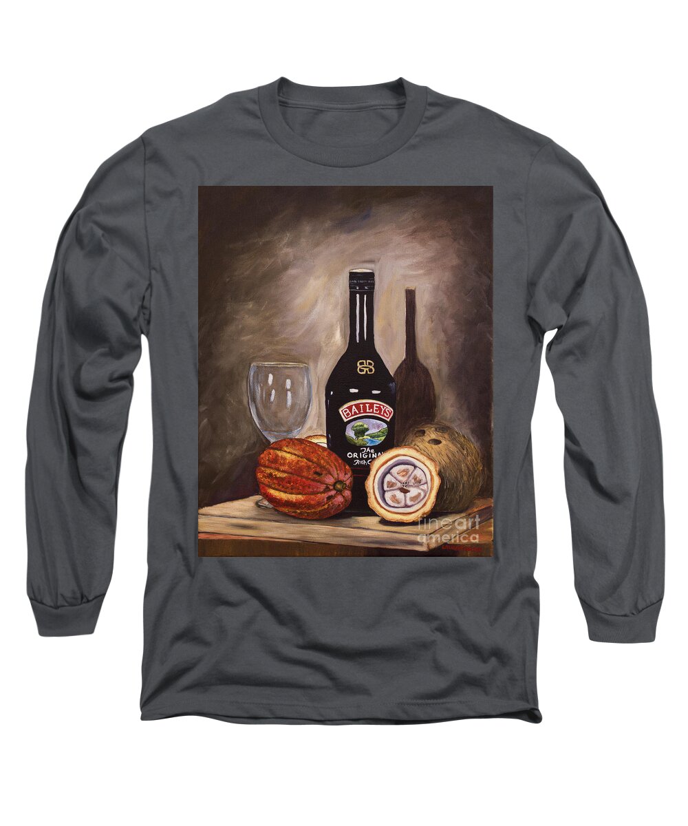 Still Life Long Sleeve T-Shirt featuring the painting Cocoa Pods Coconut and Irish Cream by Laura Forde