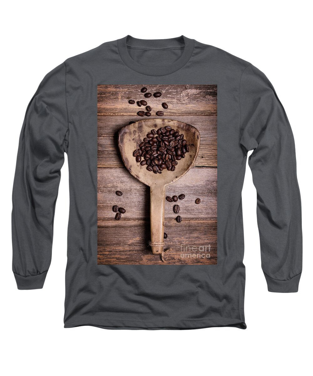 Coffee Long Sleeve T-Shirt featuring the photograph Coffee beans in antique scoop. by Jane Rix