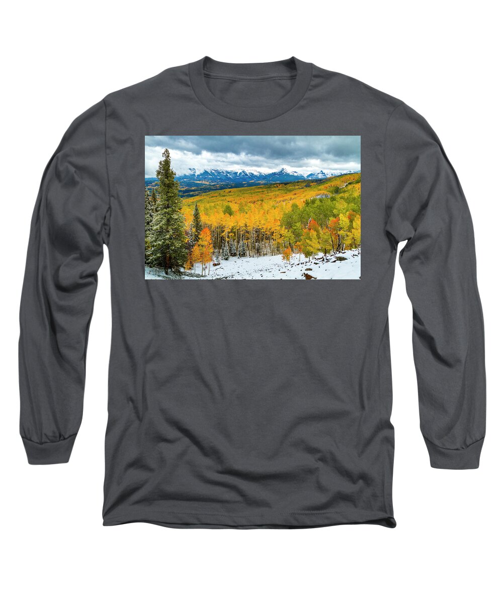 Aspen Trees Long Sleeve T-Shirt featuring the photograph Colorado Valley of Autumn Color by Teri Virbickis