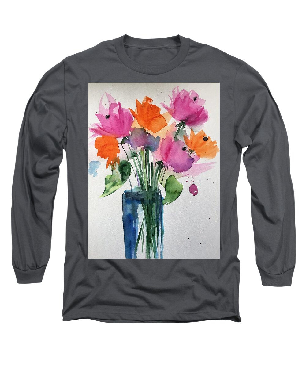 Colorful Long Sleeve T-Shirt featuring the painting colorful Flowers by Britta Zehm
