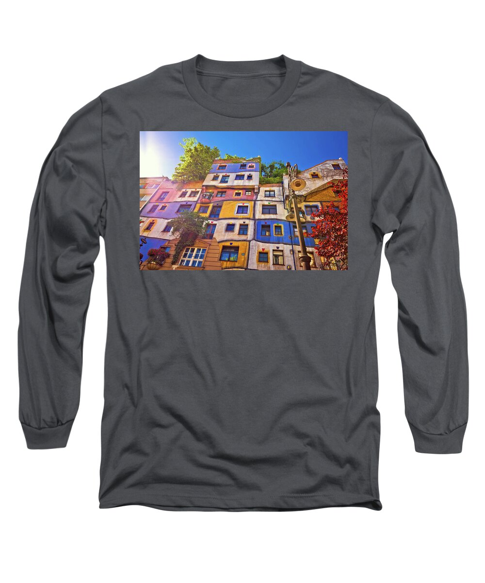 Vienna Long Sleeve T-Shirt featuring the photograph Colorful Hundertwasserhaus architecture of Vienna view by Brch Photography