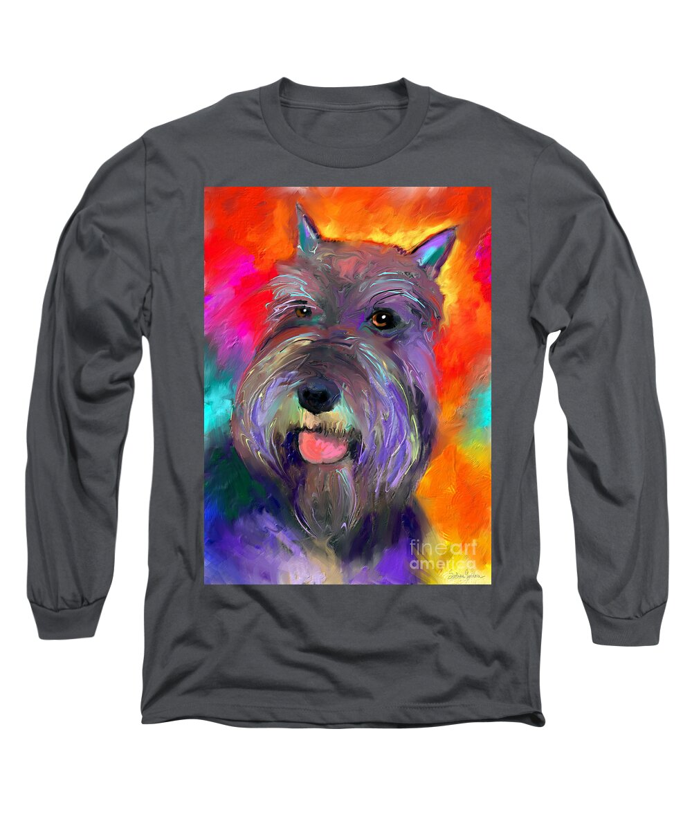 Schnauzer Dog Long Sleeve T-Shirt featuring the painting Colorful Schnauzer dog portrait print by Svetlana Novikova