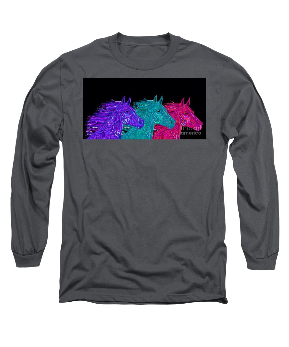 Stallions Long Sleeve T-Shirt featuring the digital art Colorful Stallions by Nick Gustafson