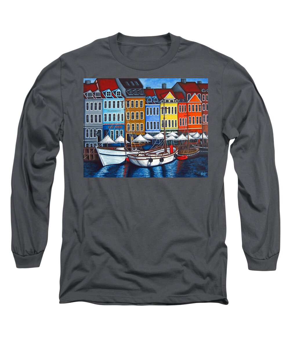 Europe Long Sleeve T-Shirt featuring the painting Colours of Nyhavn, Copenhagen by Lisa Lorenz