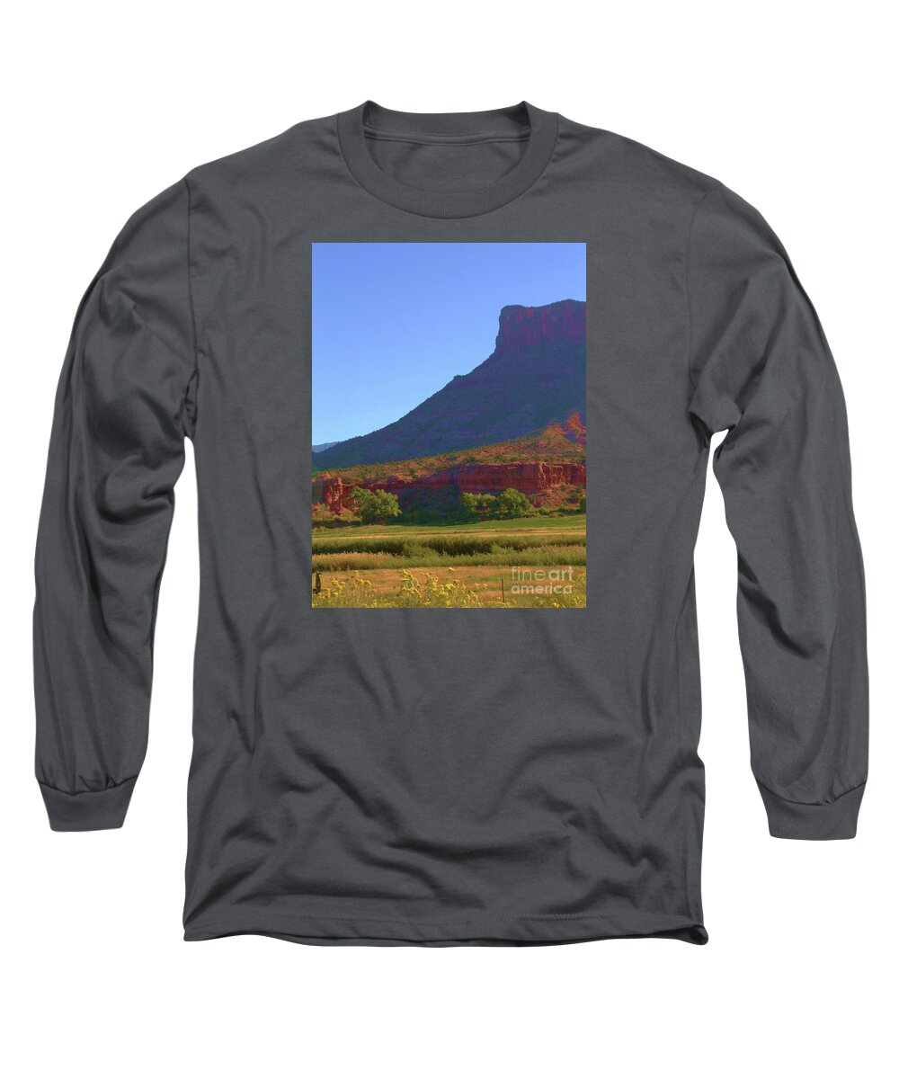 Red Sandstone Butte With Cool Shadows Deloros River Basin Colorado Long Sleeve T-Shirt featuring the digital art Cool Shadows on Butte by Annie Gibbons