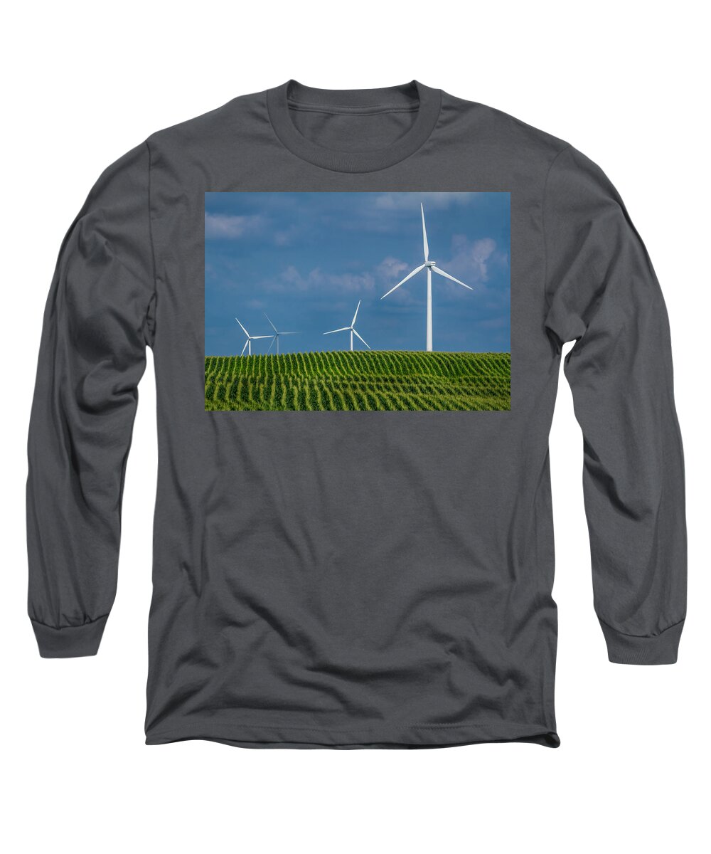 Alternative Energy Long Sleeve T-Shirt featuring the photograph Corn Rows and Windmills by Ron Pate