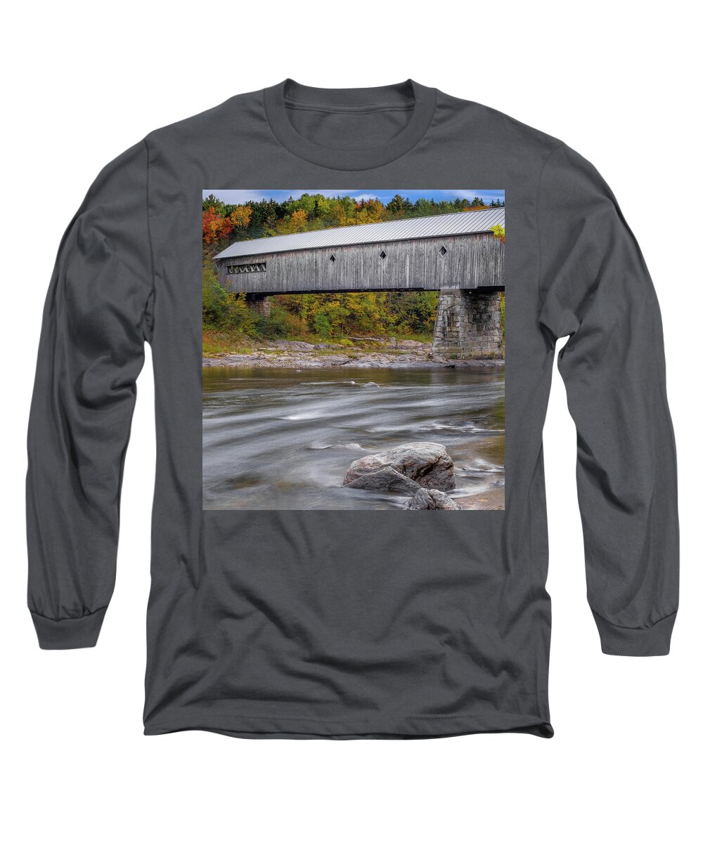 Covered Bridges In Vermont Long Sleeve T-Shirt featuring the photograph Covered Bridge In Vermont with Fall Foliage by Robert Bellomy