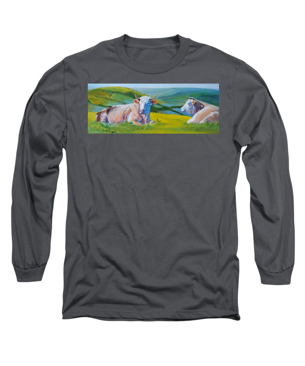 Cows Long Sleeve T-Shirt featuring the painting Cows Lying Down in Devon Hills by Mike Jory
