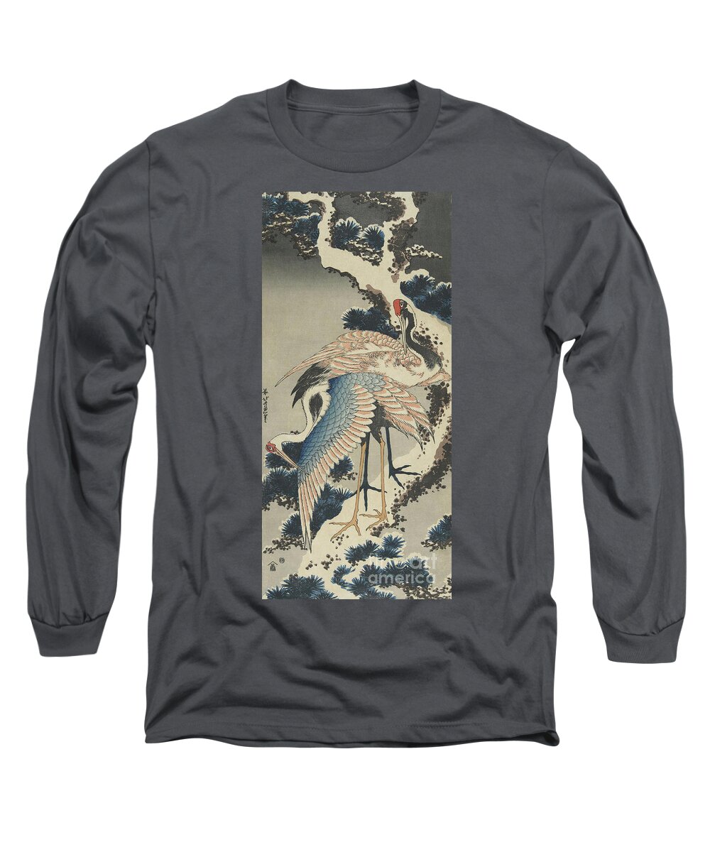 Hokusai Long Sleeve T-Shirt featuring the painting Cranes on Pine by Hokusai