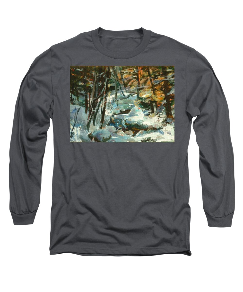 White Long Sleeve T-Shirt featuring the painting Creek in the Cold by Claire Gagnon
