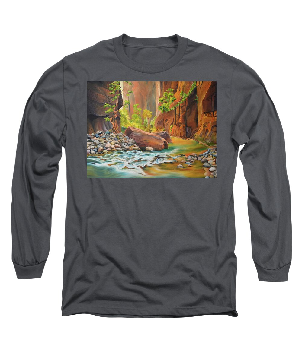 Zion Long Sleeve T-Shirt featuring the painting Creek in Zion by Sabrina Motta