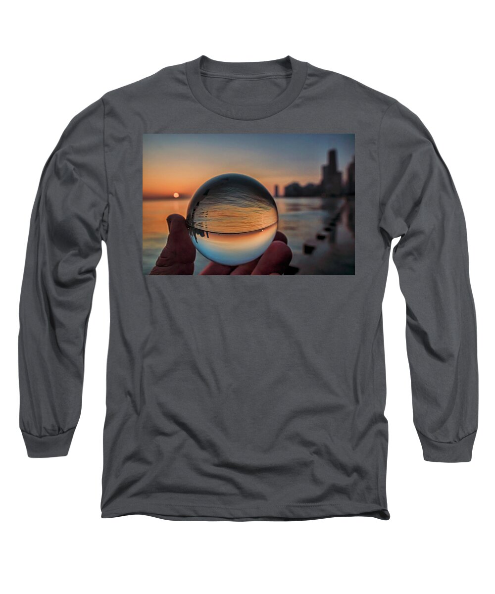 Crystal Ball Long Sleeve T-Shirt featuring the photograph Crystal ball on Chicago's lakefront at sunrise by Sven Brogren