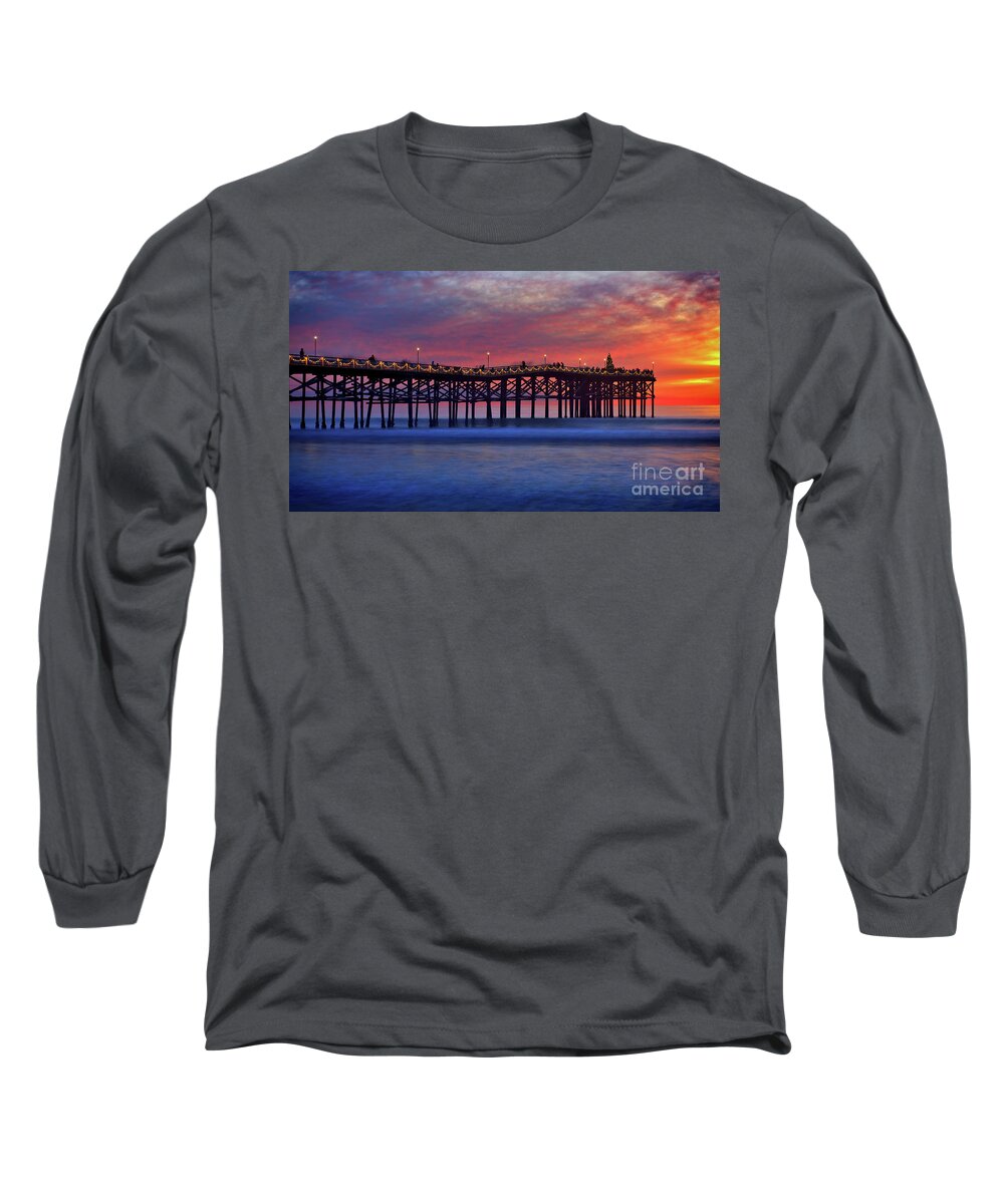 Crystal Pier Long Sleeve T-Shirt featuring the photograph Crystal Pier in Pacific Beach decorated with Christmas lights by Sam Antonio