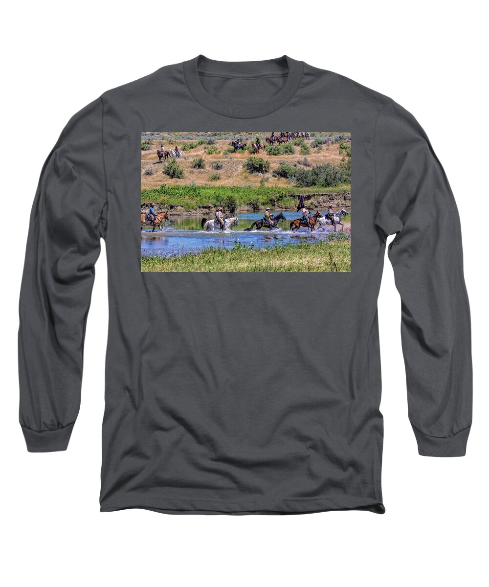 Little Bighorn Re-enactment Long Sleeve T-Shirt featuring the photograph Custer and His 7th Cavalry Troops by Donald Pash