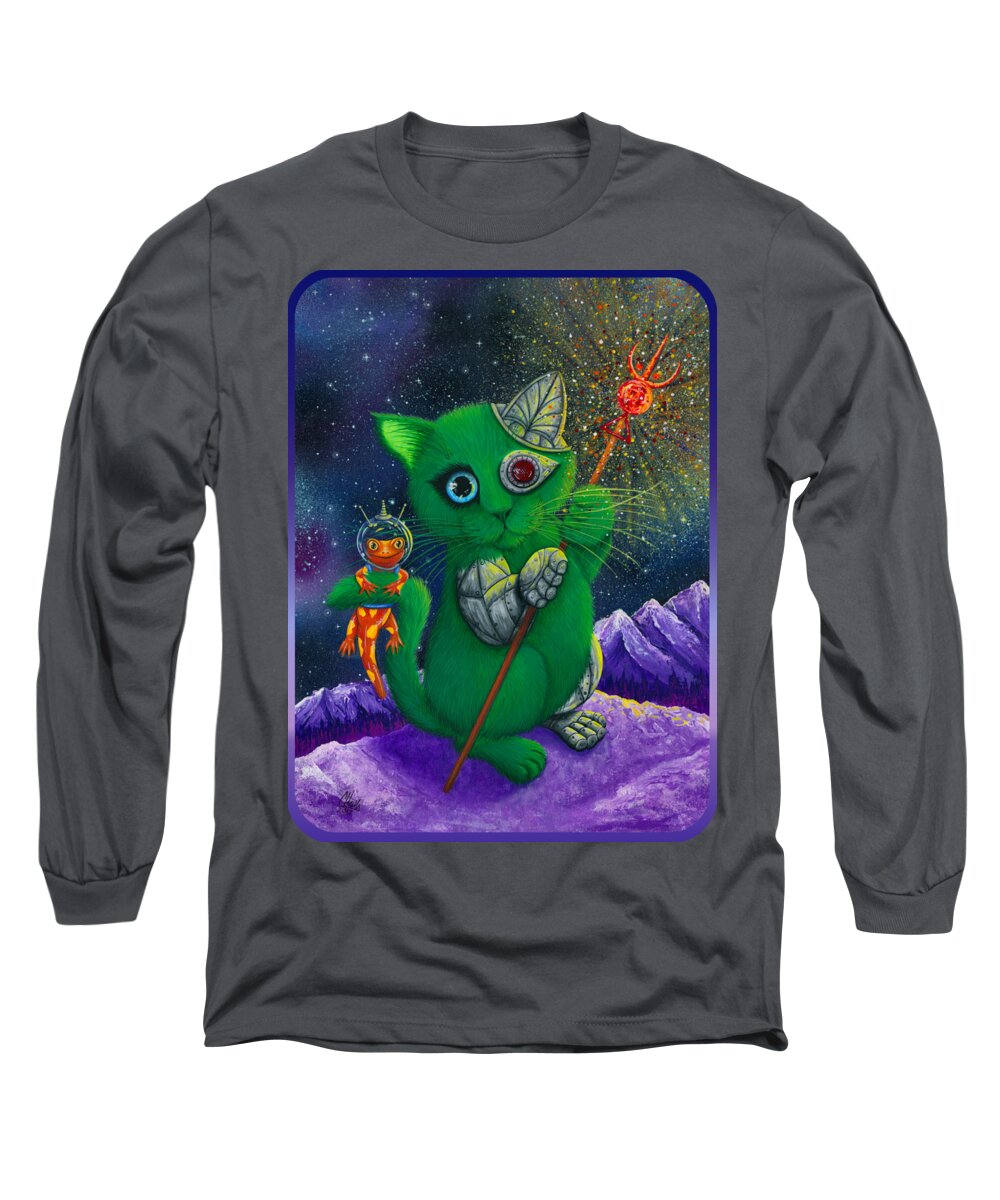 Alien Cat Long Sleeve T-Shirt featuring the painting Cy and Sal Space Explorers - Cyborg Space Cat Salamander by Carrie Hawks