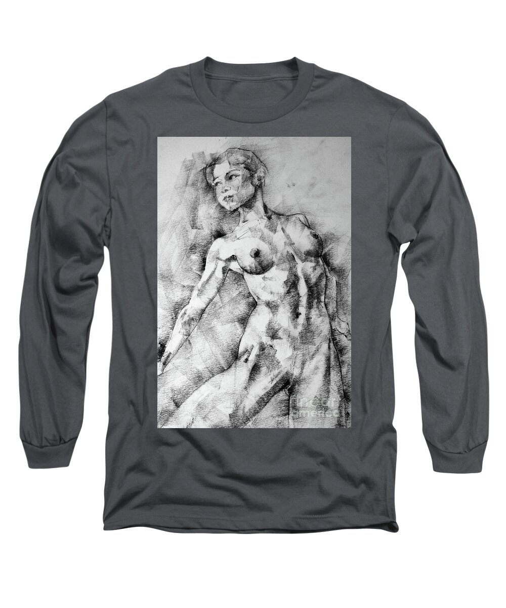 Drawing Long Sleeve T-Shirt featuring the drawing Dancing girl drawing by Dimitar Hristov