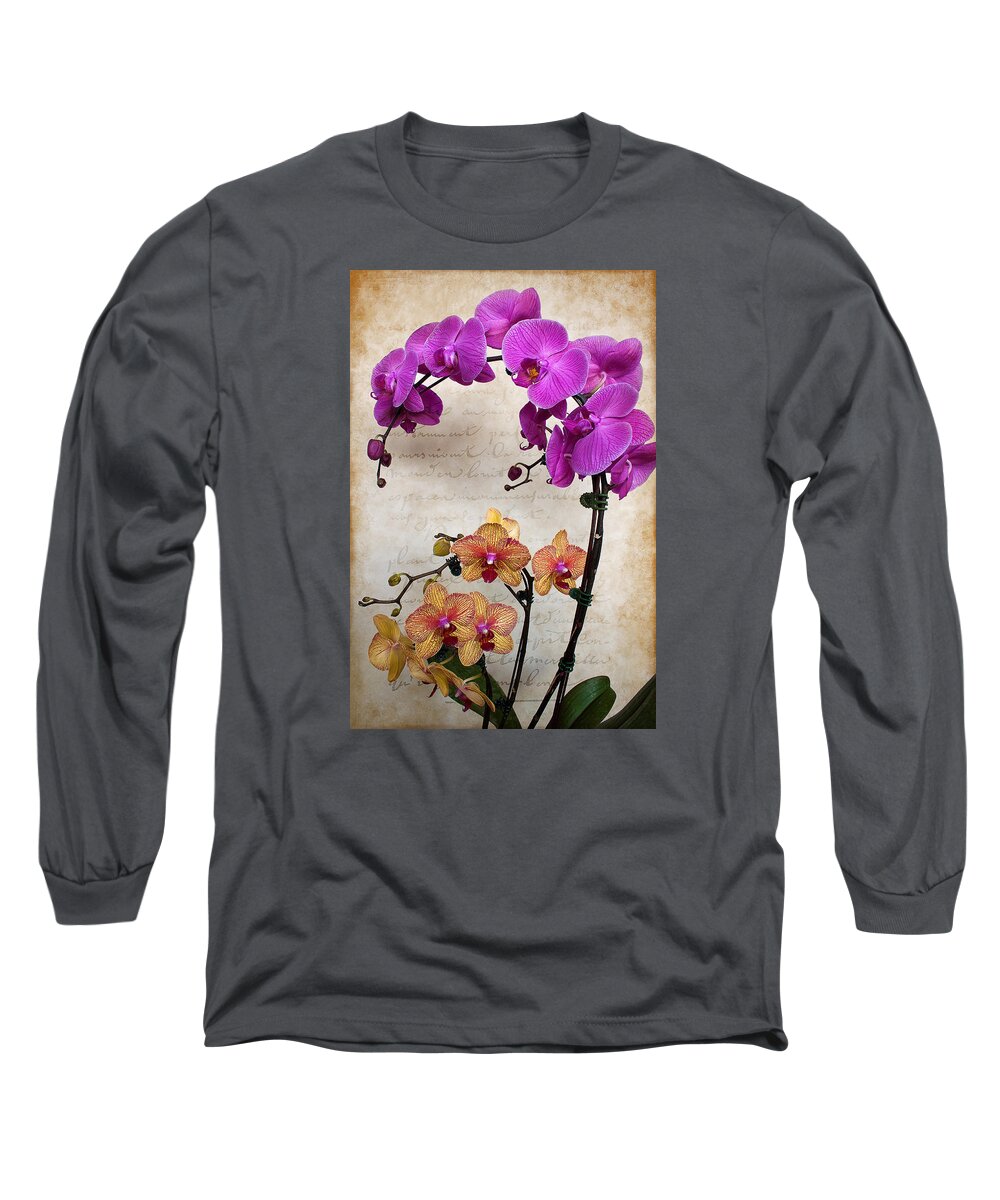Brown Long Sleeve T-Shirt featuring the photograph Dancing Orchids by Milena Ilieva