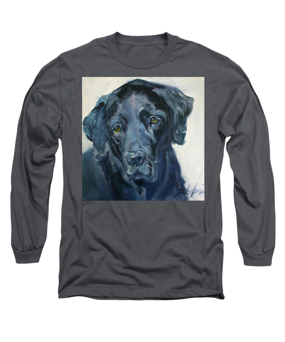 Black Lab Long Sleeve T-Shirt featuring the painting Darcy The Face Of Labrador Rescue Scotland by Sheila Wedegis