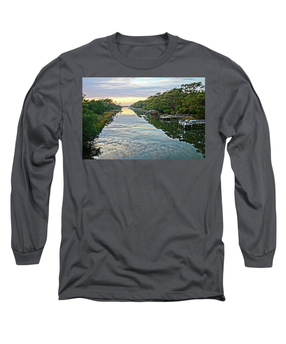 Oak Island Long Sleeve T-Shirt featuring the photograph Davis Canal, Oak Island by Don Margulis
