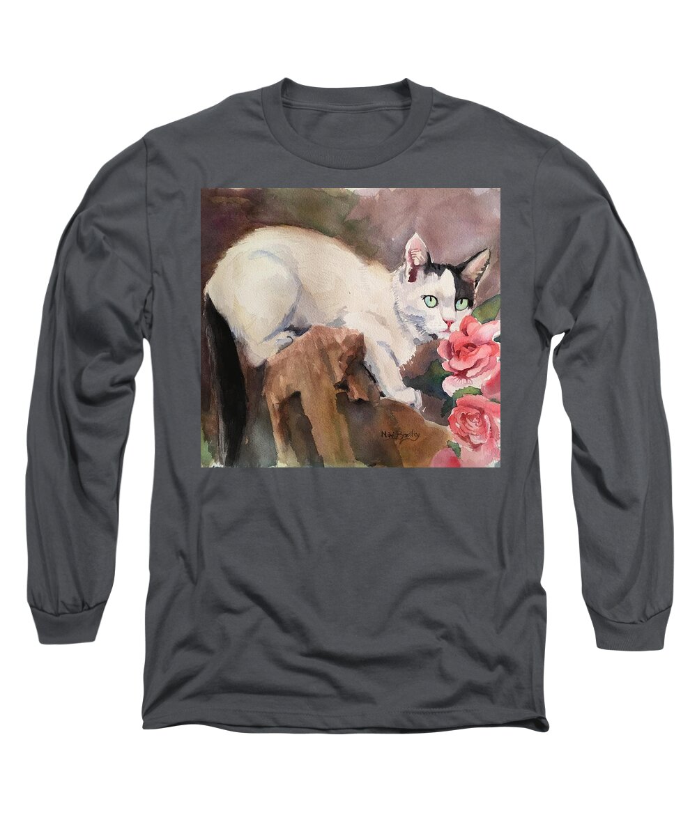 Cat Long Sleeve T-Shirt featuring the painting Deano in the roses by Mimi Boothby