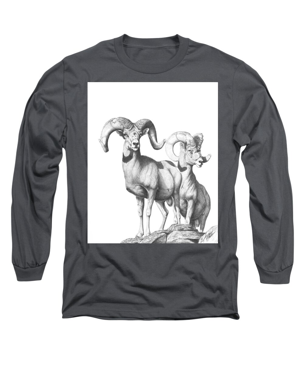 Desert Bighorn Rams Long Sleeve T-Shirt featuring the drawing Desert Sentinels by Darcy Tate