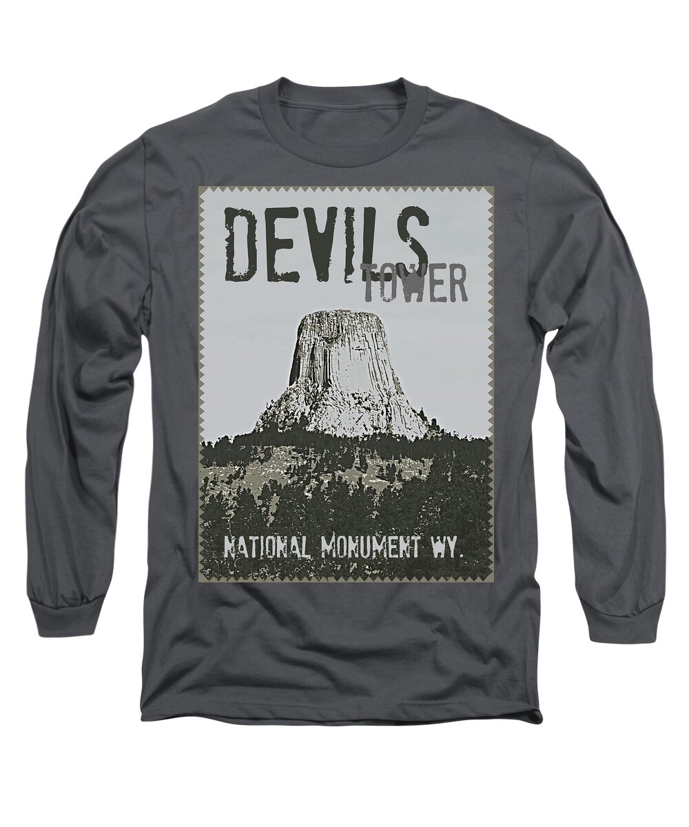 Devilstower Long Sleeve T-Shirt featuring the digital art Devils Tower Stamp by Troy Stapek