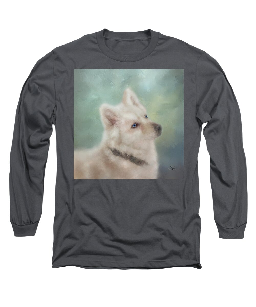 Dogs Long Sleeve T-Shirt featuring the mixed media Diamond, The White Shepherd by Colleen Taylor