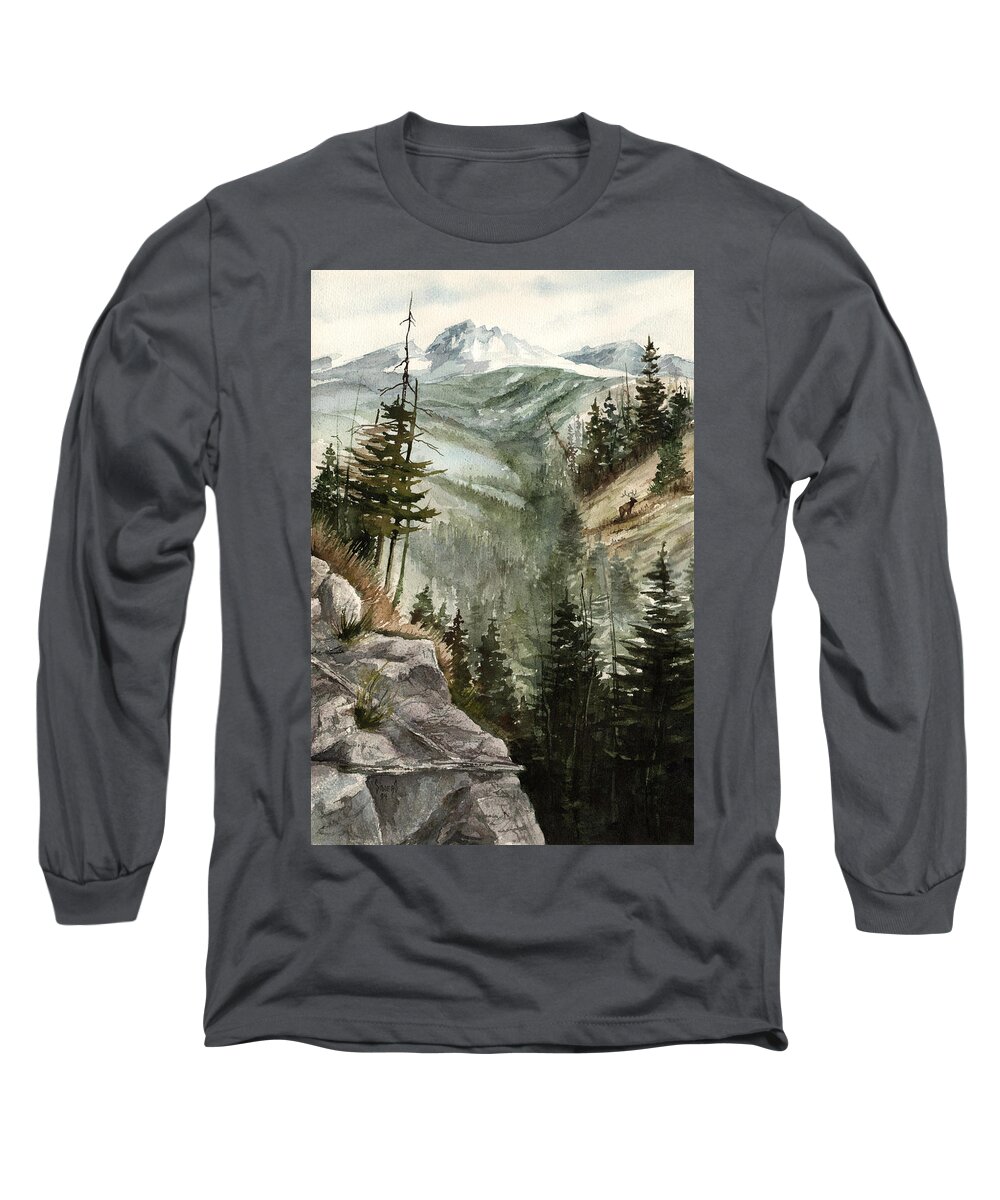 Mountian Elk Landscape Wildlife Trees Long Sleeve T-Shirt featuring the painting Distant Dream by Sam Sidders